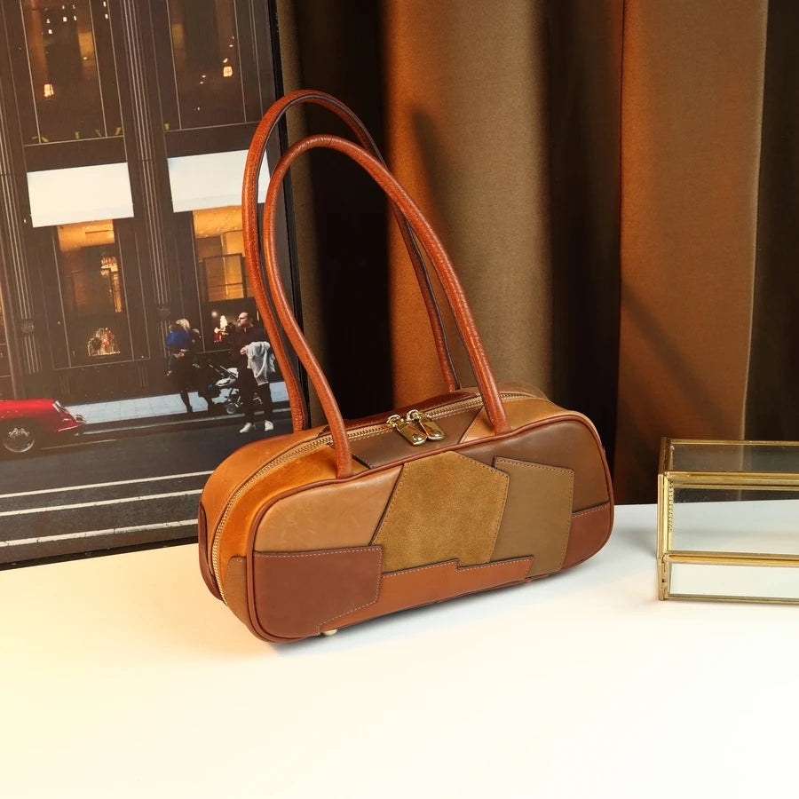 Colour-Block Genuine Leather Satchel, Earth-Tone Bag - product photo 4