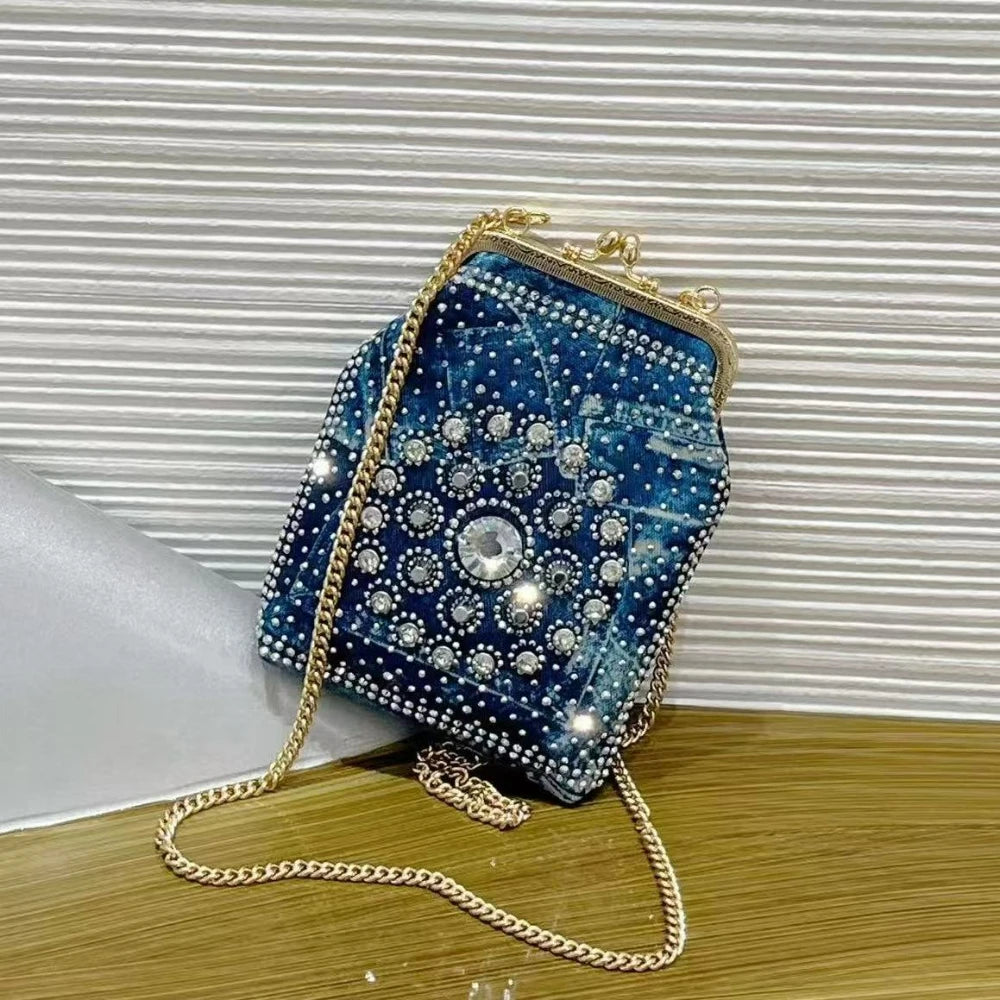 Diamond Denim Evening Bag with Chain - product photo 3