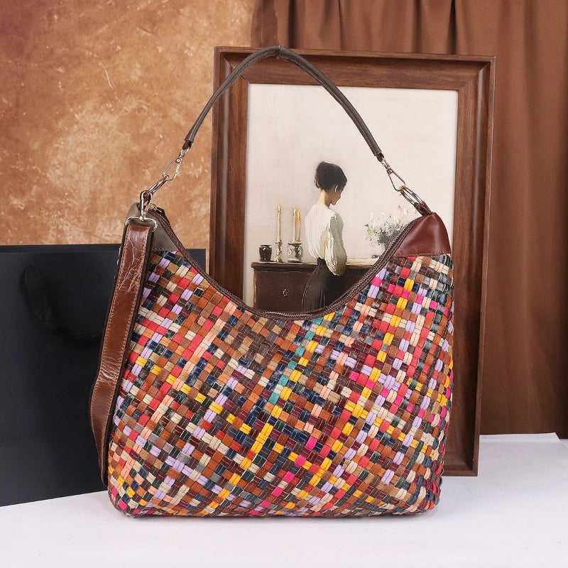 Hand-Woven Colourful Leather Tote, Artisan Shoulder Bag - product photo 2