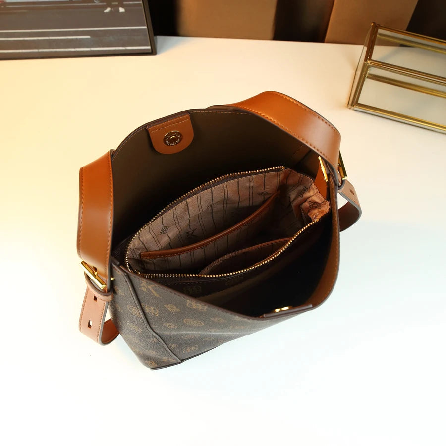 Monogram-Pattern Underarm Bag, Vintage PU Satchel - product photo 4