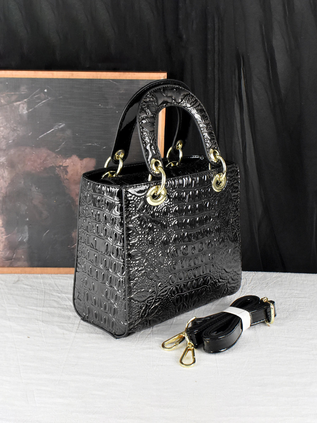 Croc & Floral Embossed Patent Tote, Top-Handle Satchel - product photo 4