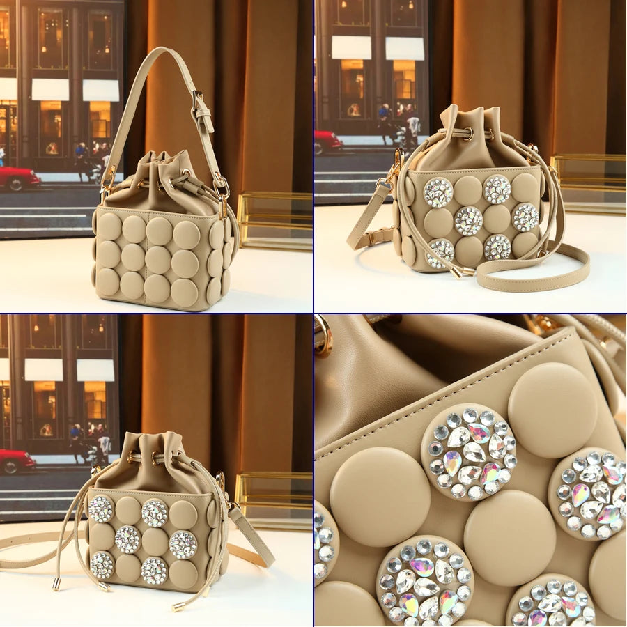 Rhinestone Button Small Square Bag, Drawstring Purse - product photo 4