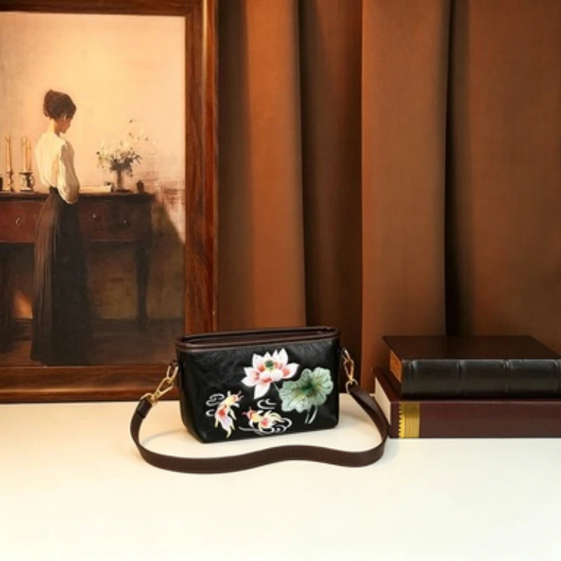 Lotus and Koi Embroidered Crossbody Bag, Chinese Style - product photo 4