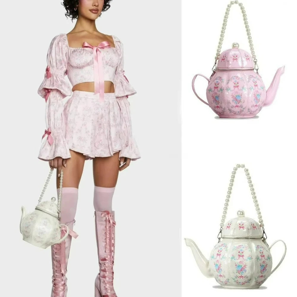 Teapot-Shaped Printed Purse, Pearl Chain Crossbody Bag - product photo 4