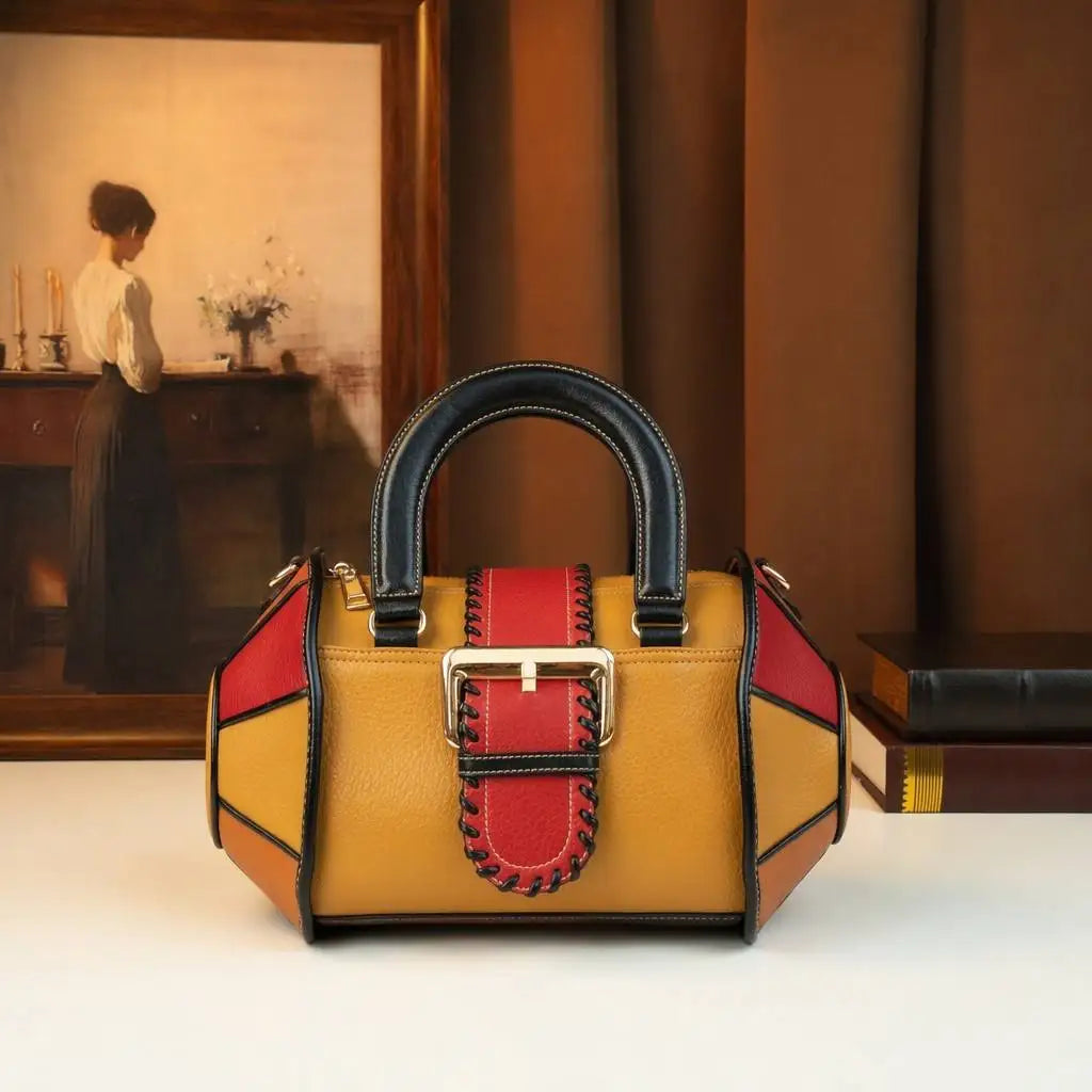 Leather Patchwork Boston Bag, Contrast-Colour PU Satchel - product photo 1