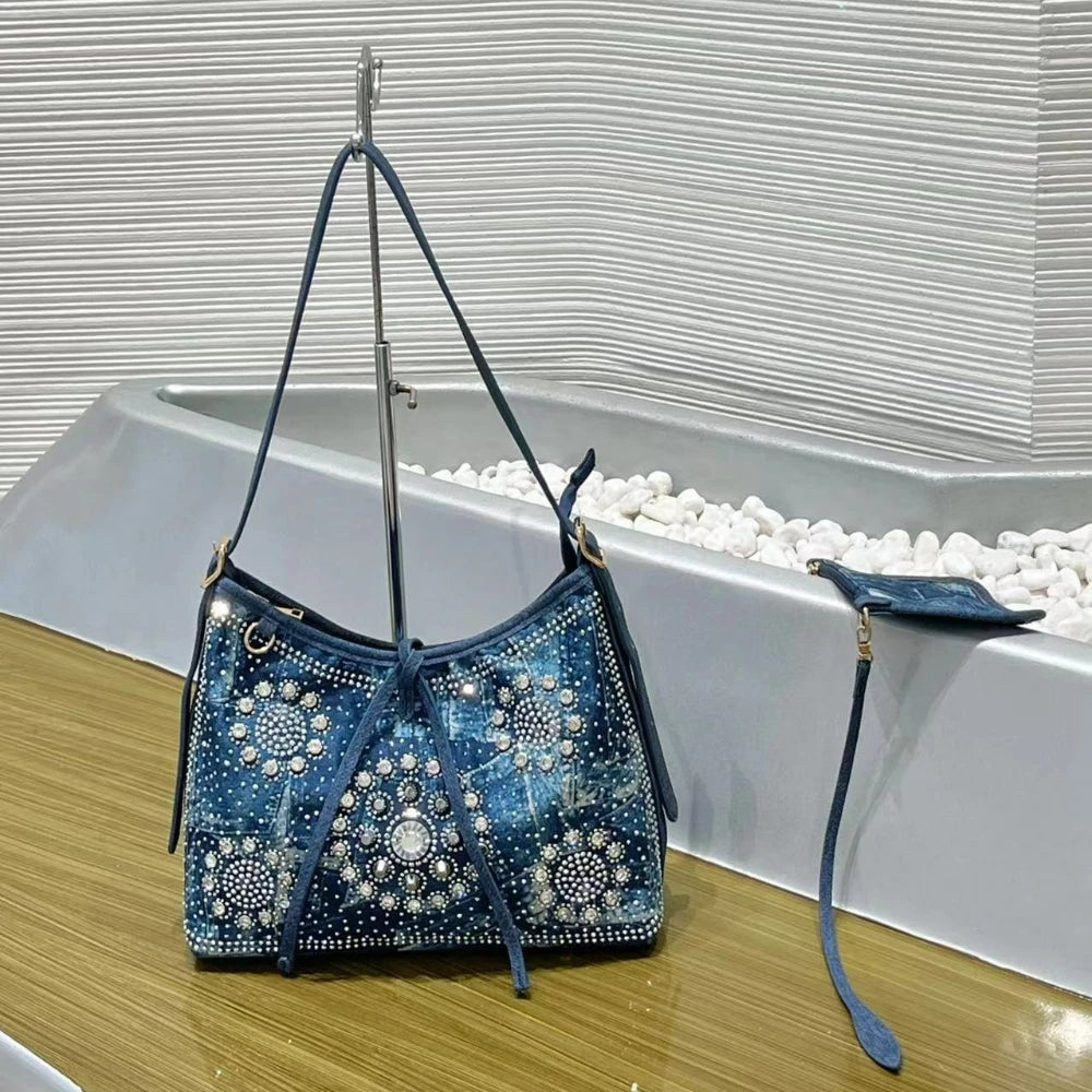 Denim Underarm Bag, Rivet & Diamond Shoulder Bag - product photo 6