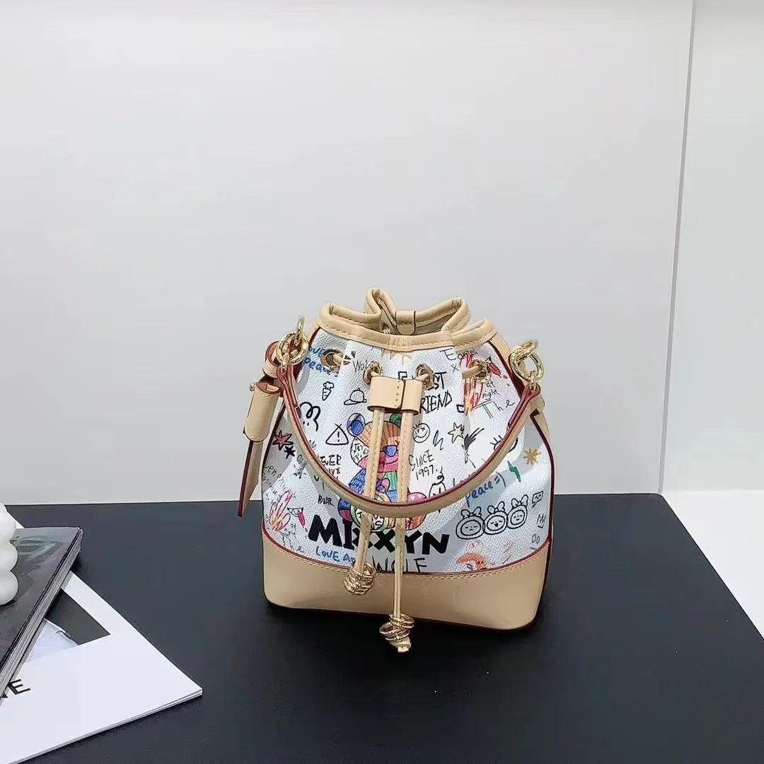 Graffiti Bucket Bag, Cartoon-Print Drawstring Bag - product photo 5