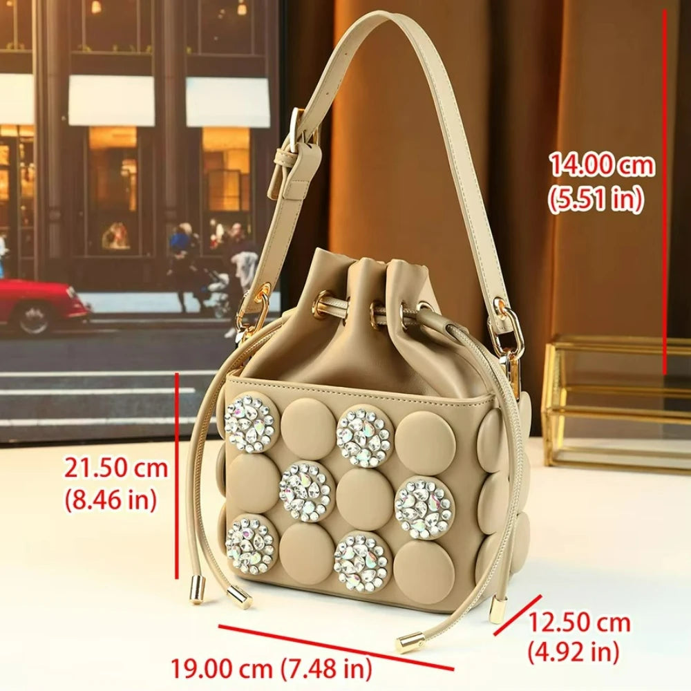 Rhinestone Button Small Square Bag, Drawstring Purse - product photo 2