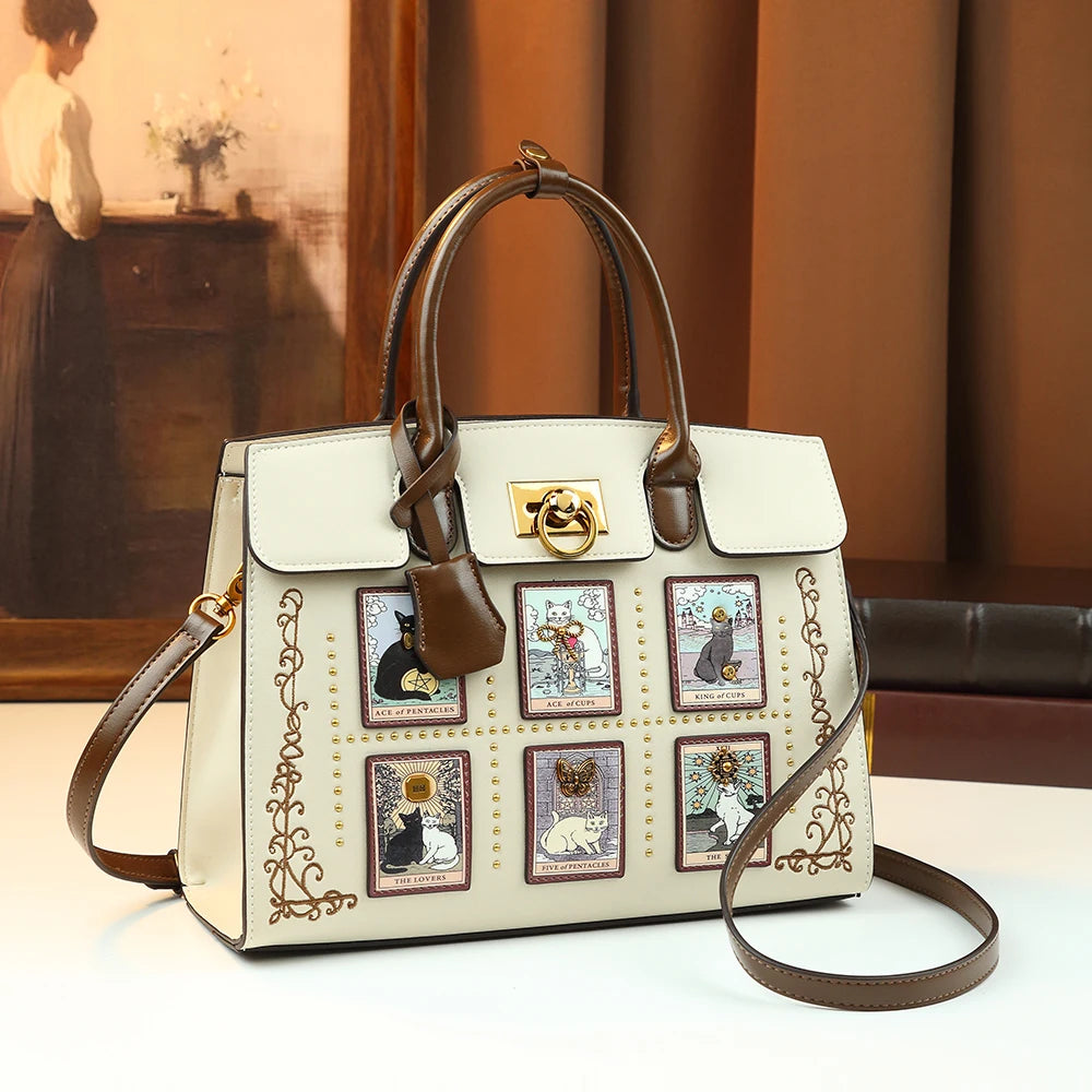 Tarot Cat-Print Boston Bag, Artistic Shoulder Bag - product photo 2