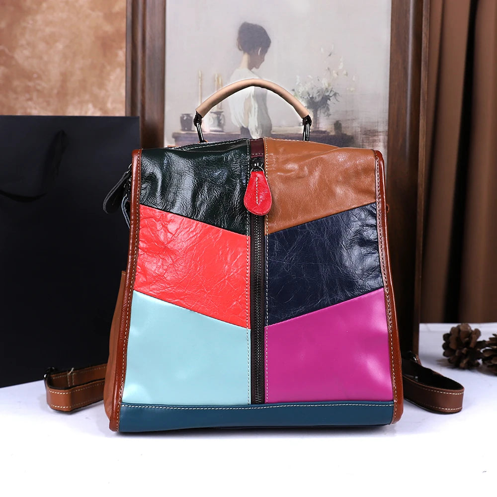 Geometric Genuine Leather Backpack, Colour-Block Daypack - product photo 1