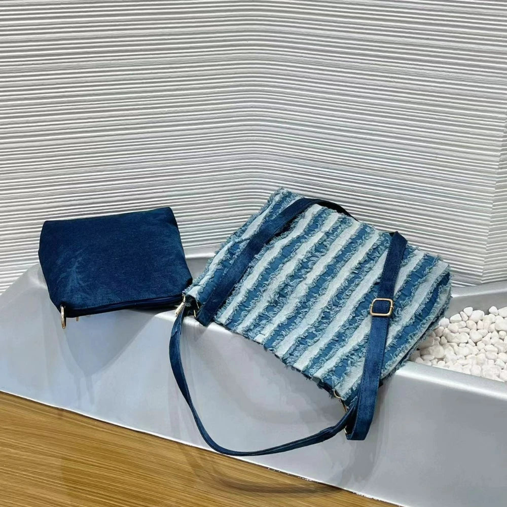 Striped Denim Tote Bag, Casual Shoulder Bag - product photo 2
