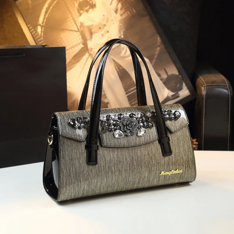 Rose-Gold Patchwork Shoulder Bag, Vintage Panel Tote - product photo 4