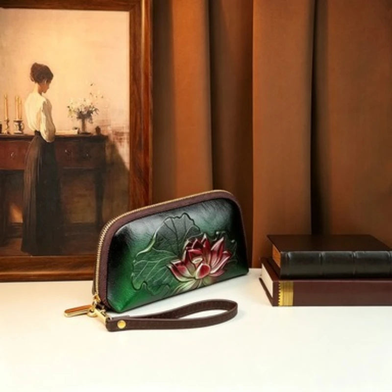 Lotus Embossed Long Wallet, PU Clutch with Wristlet - product photo 4