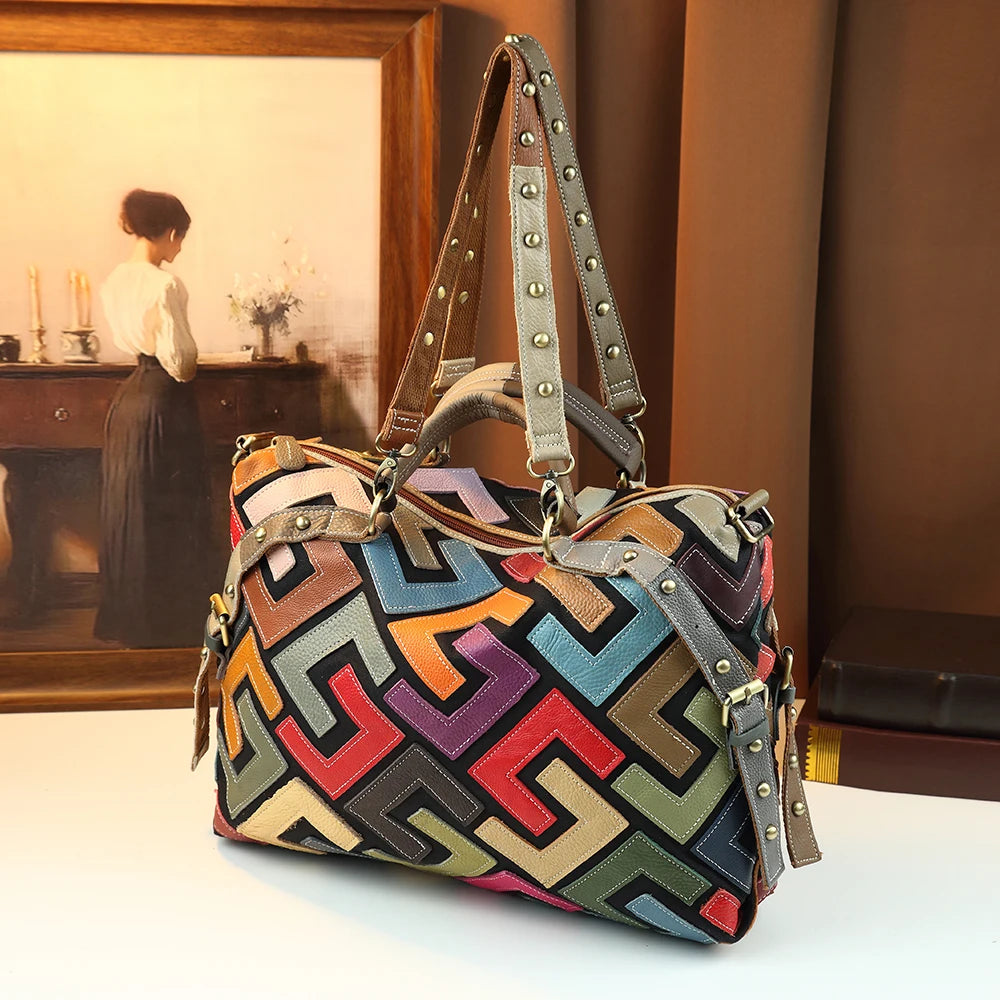 Colour-Block Cowhide Tote, Genuine Leather Handbag - product photo 6