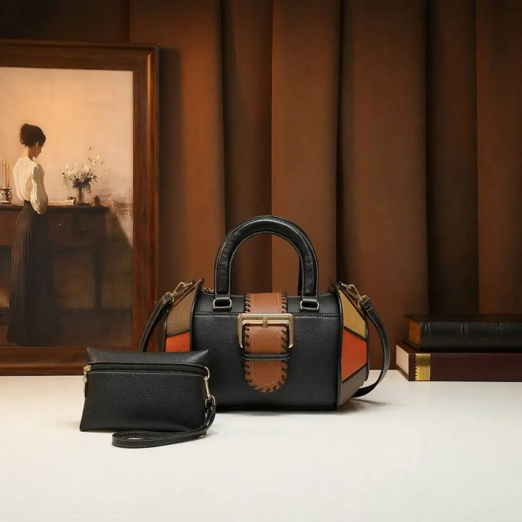 Leather Patchwork Boston Bag, Contrast-Colour PU Satchel - product photo 5