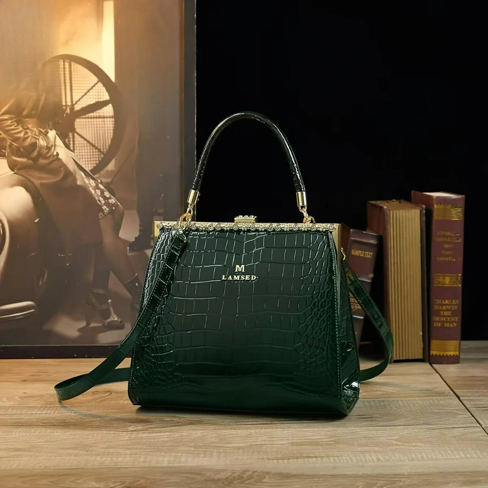 Croc-Pattern Tote with Stone Detail, Casual Shoulder Bag - product photo 1