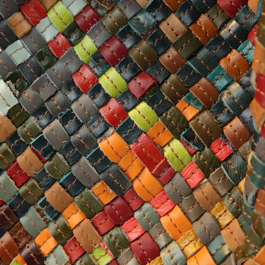 Woven Genuine Leather Tote, Colour-Blocked Barrel Bag - product photo 6