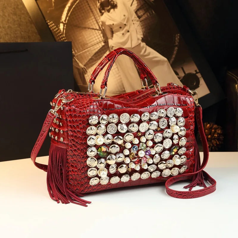 Panelled Rhinestone Shoulder Bag, Rivet Detail Tote - product photo 1