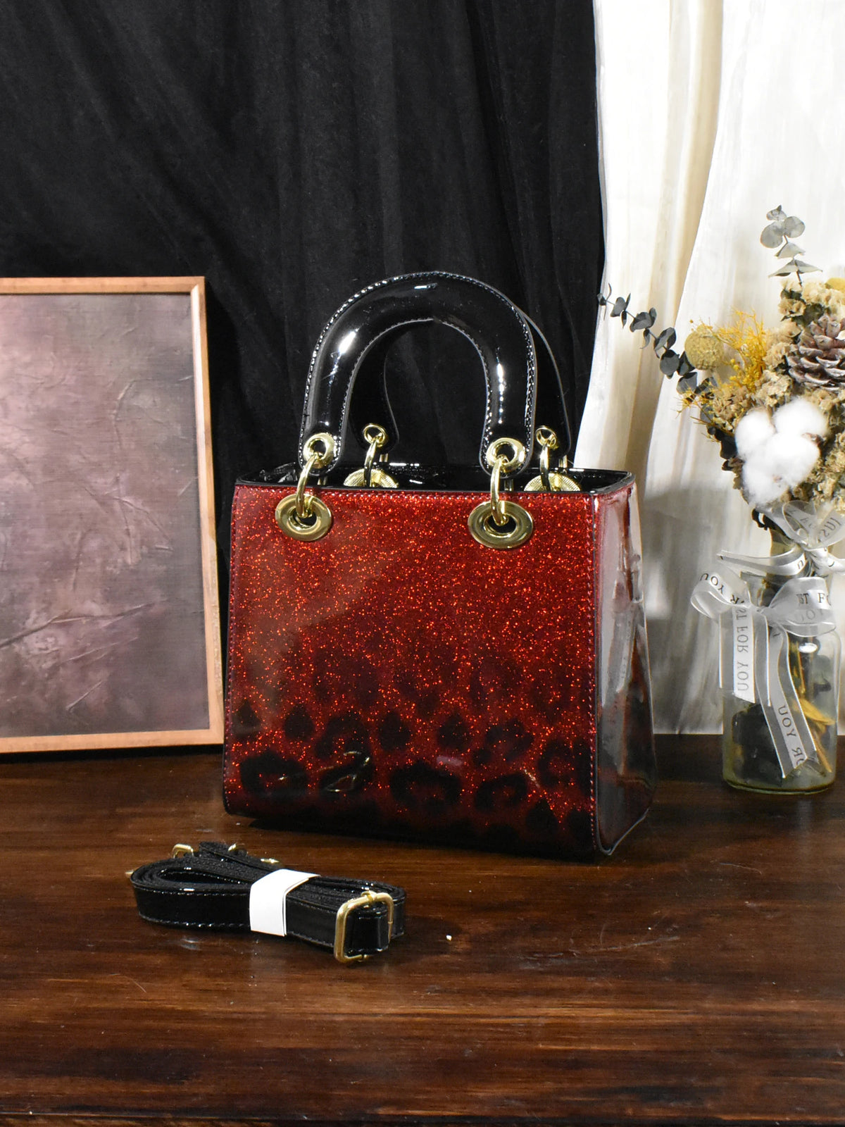 Glitter Leopard Patent Satchel, Top-Handle PU Bag - product photo 2