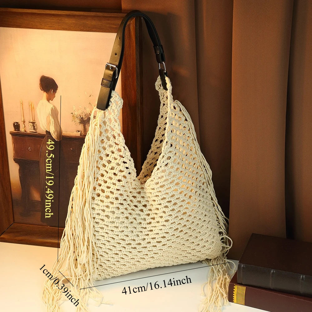 Cotton Woven Tassel Tote, Bohemian Beach Bag - product photo 3