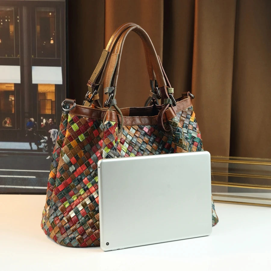 Woven Genuine Leather Tote, Colour-Blocked Barrel Bag - product photo 3