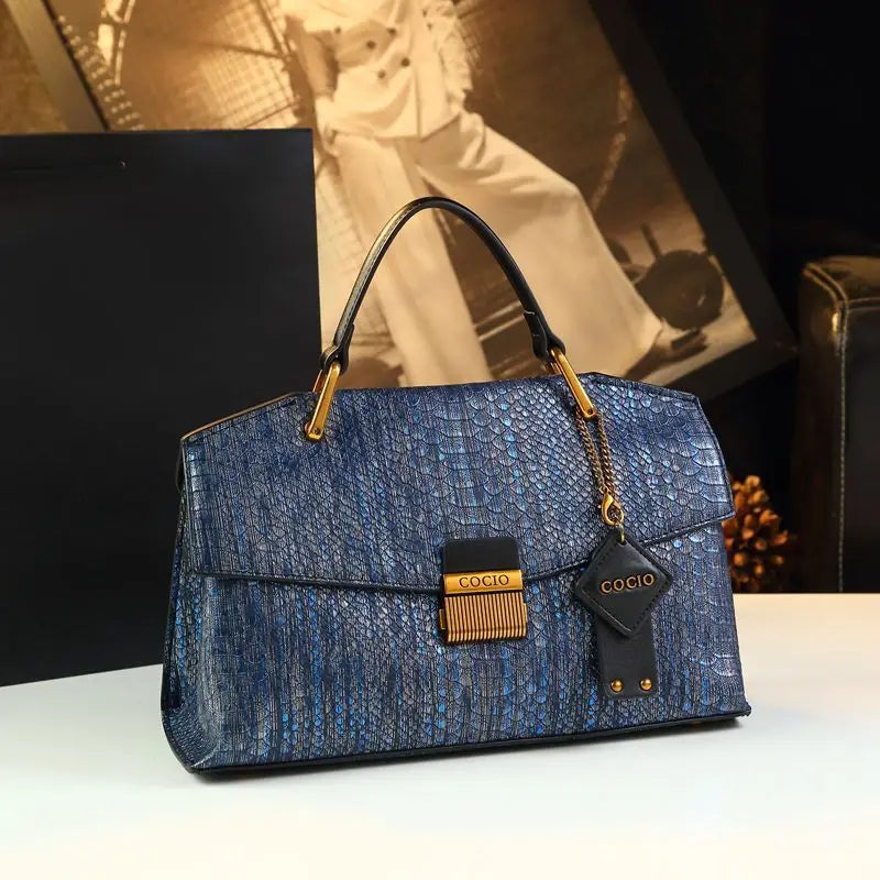 Serpentine-Print Satchel, Retro Blue Shoulder Bag - product photo 1