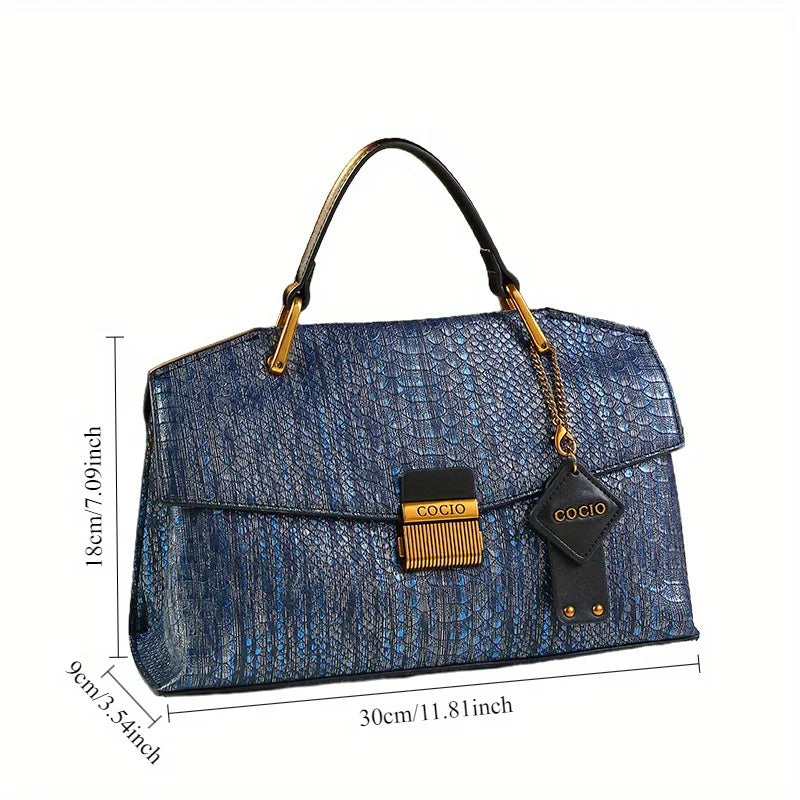 Serpentine-Print Satchel, Retro Blue Shoulder Bag - product photo 5