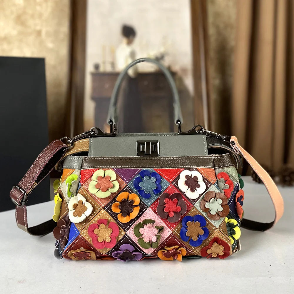 Genuine Cowhide Button Bag with Floral Motif - product photo 1