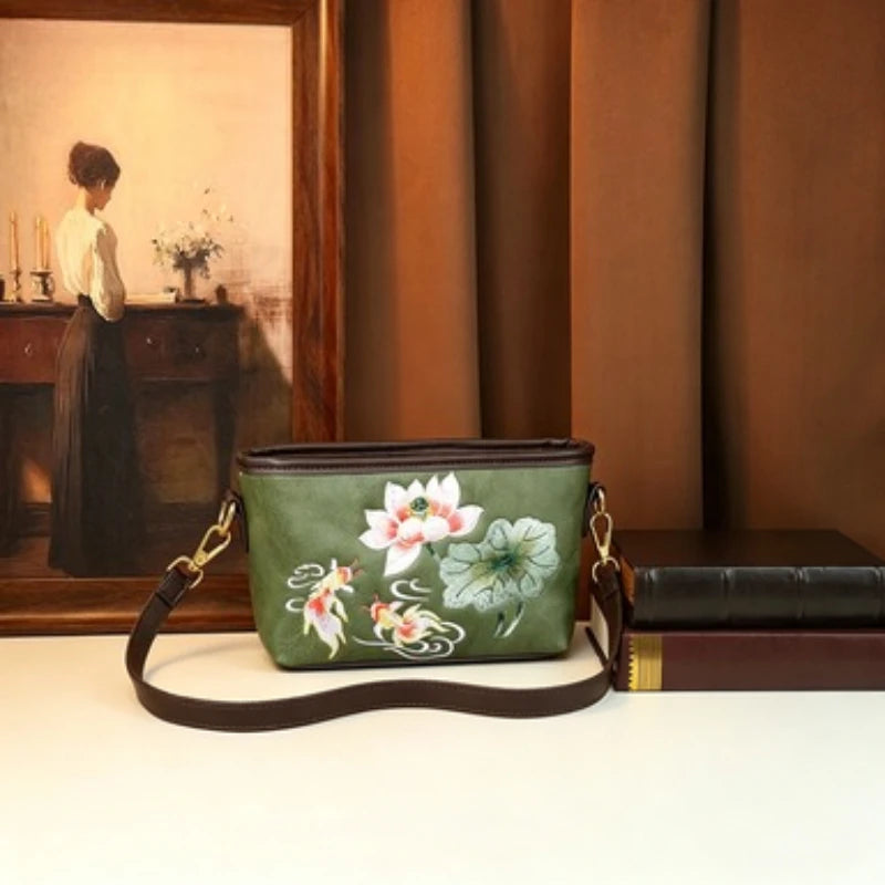 Lotus and Koi Embroidered Crossbody Bag, Chinese Style - product photo 1
