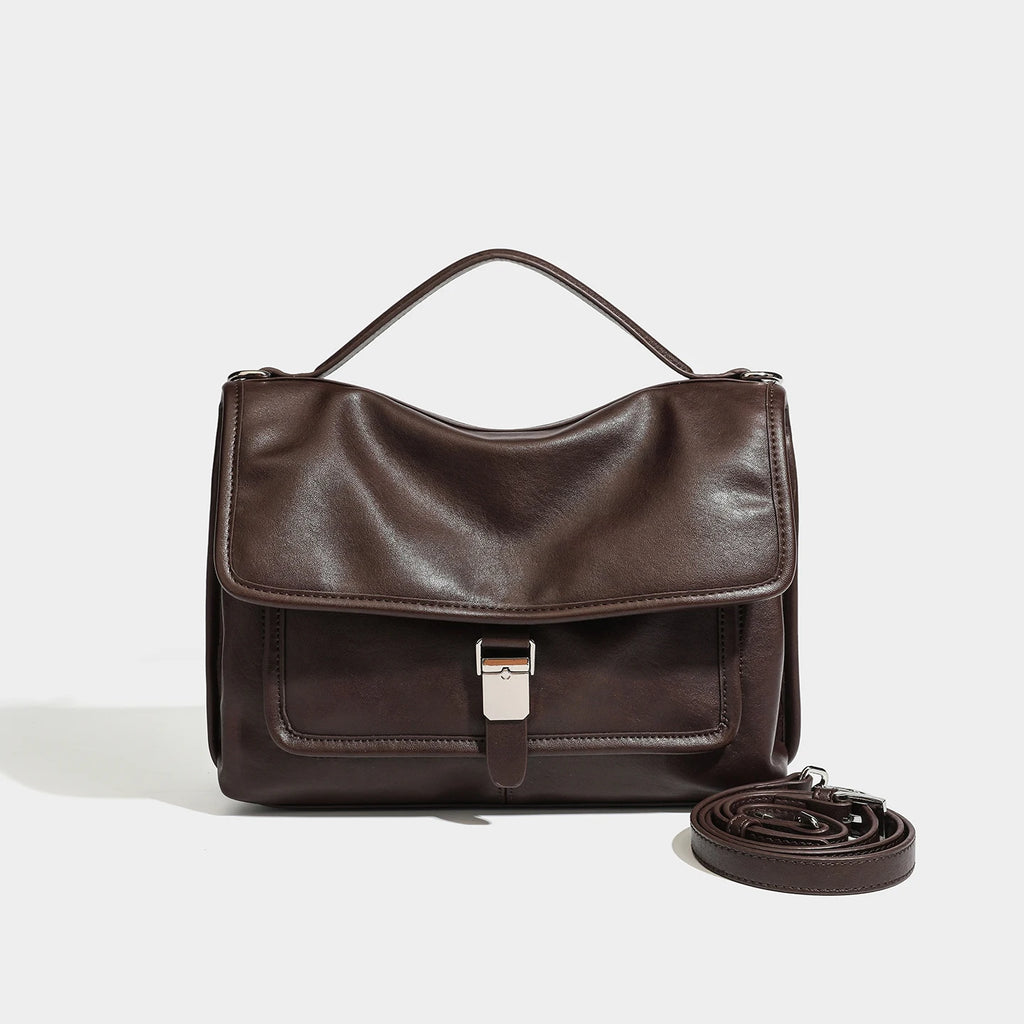 Vintage PU Flap Satchel, Silver-Buckle Top Handle Bag - product photo 3