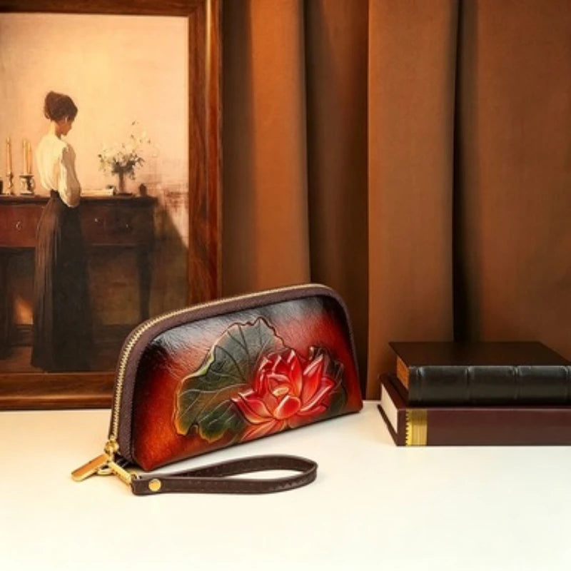 Lotus Embossed Long Wallet, PU Clutch with Wristlet - product photo 3