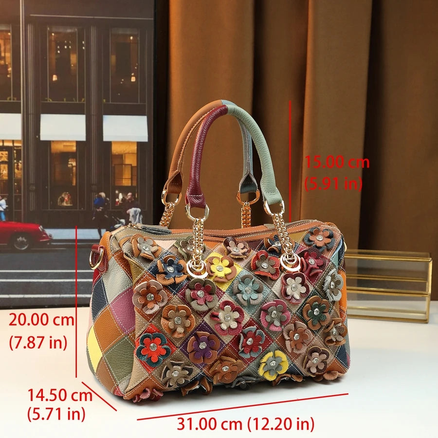 Genuine Leather Pillow Bag with Flower Patchwork - product photo 3