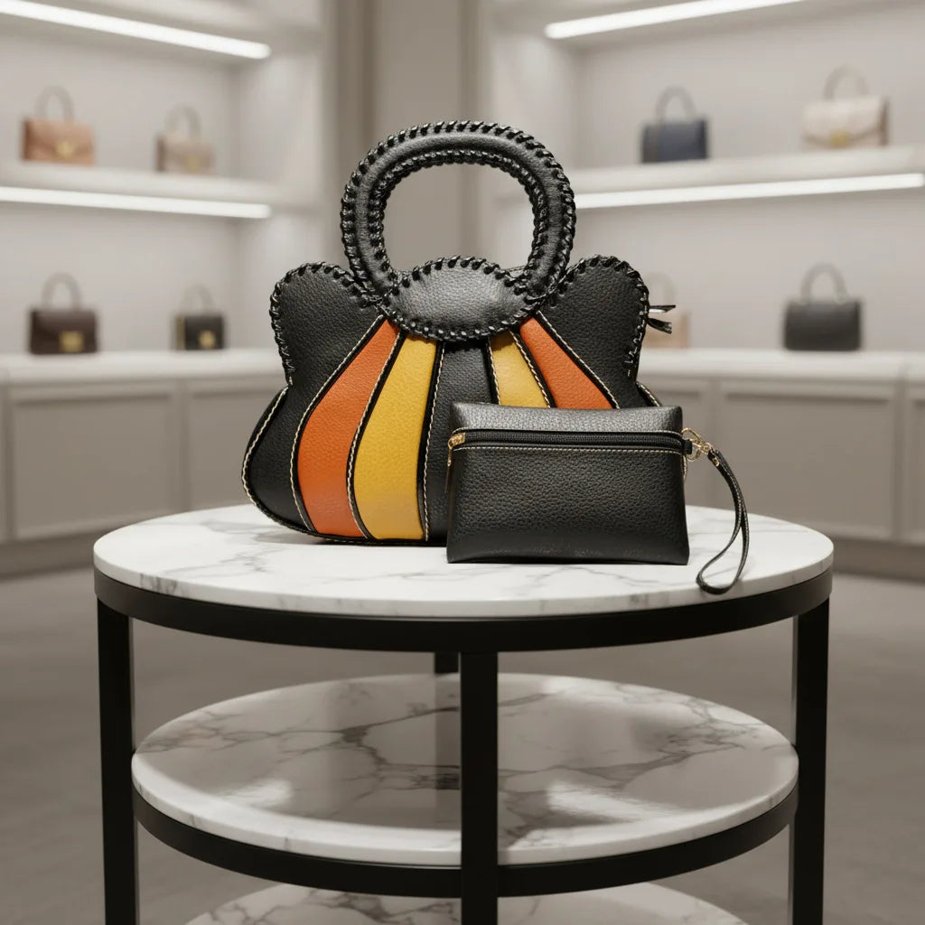 Fan-Shaped Patchwork Handbag with Braided Handle - product photo 5