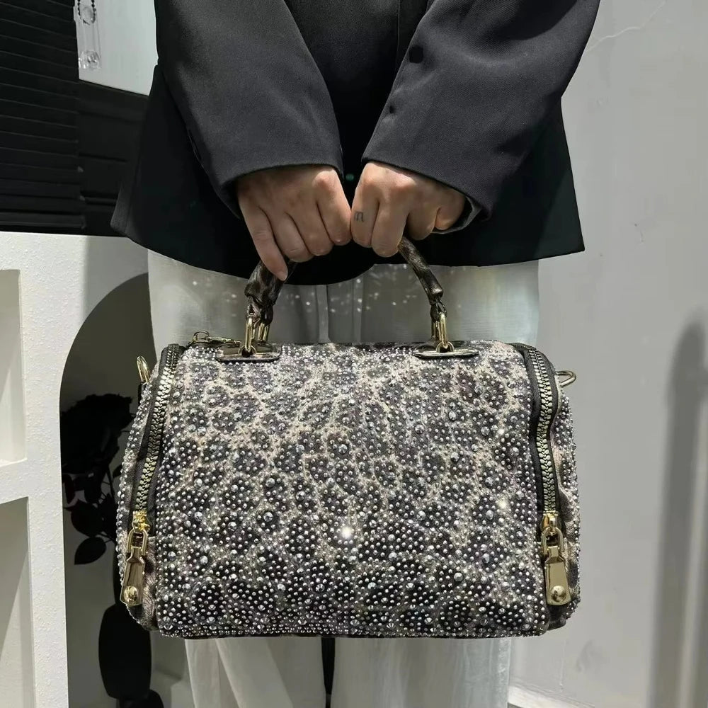 Leopard Print Rhinestone Bag, PU Crossbody - product photo 2
