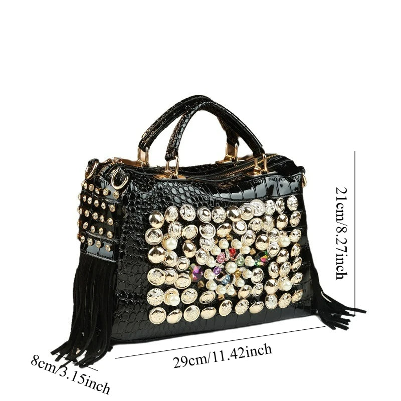 Panelled Rhinestone Shoulder Bag, Rivet Detail Tote - product photo 2