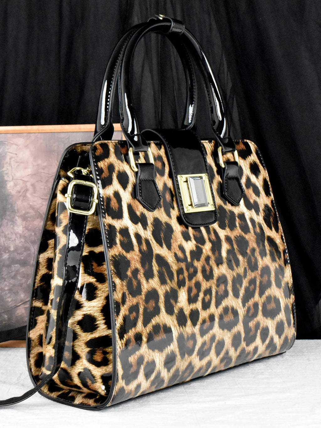 Leopard Patent Leather Tote, Square-Lock Shoulder Bag - product photo 4