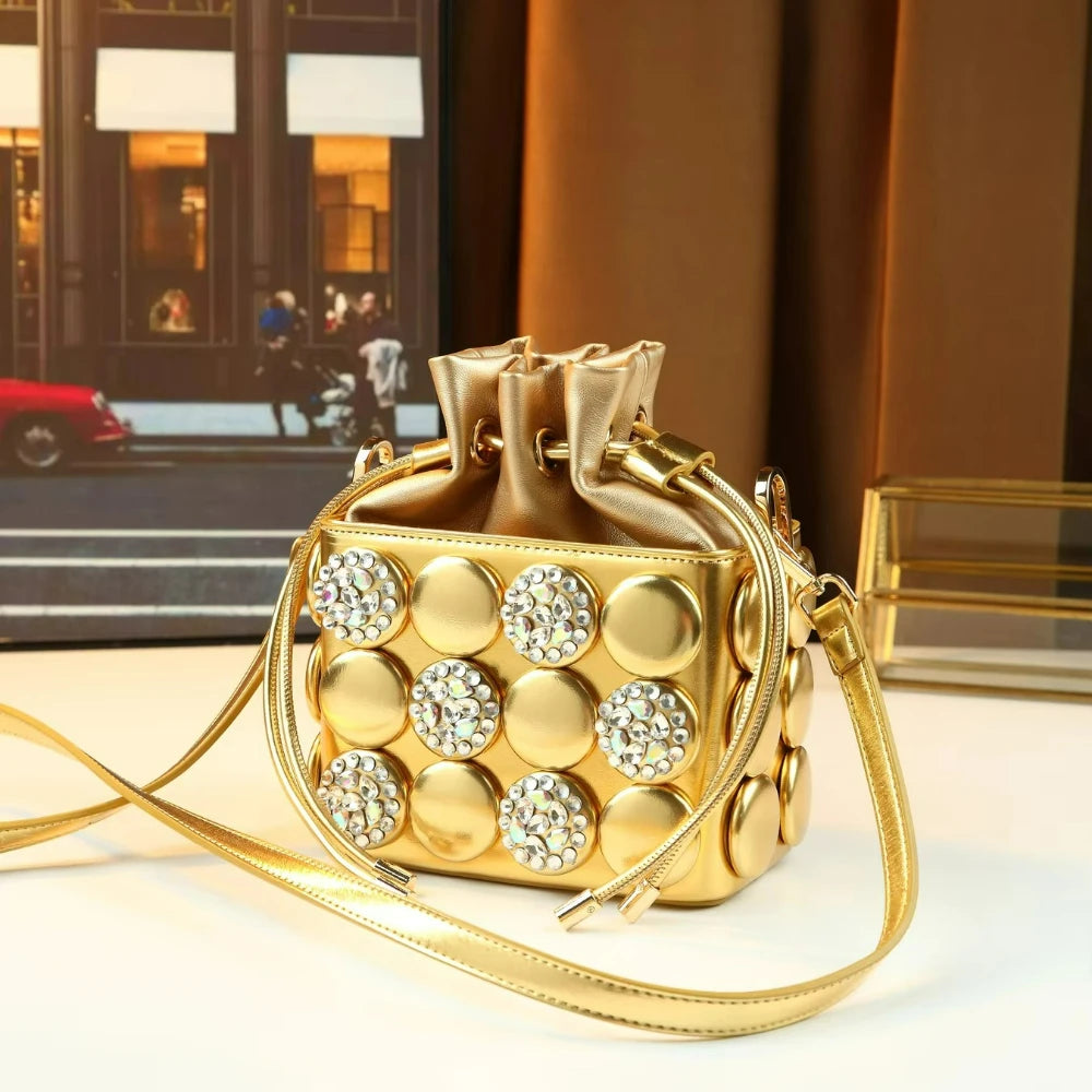 Rhinestone Button Small Square Bag, Drawstring Purse - product photo 6