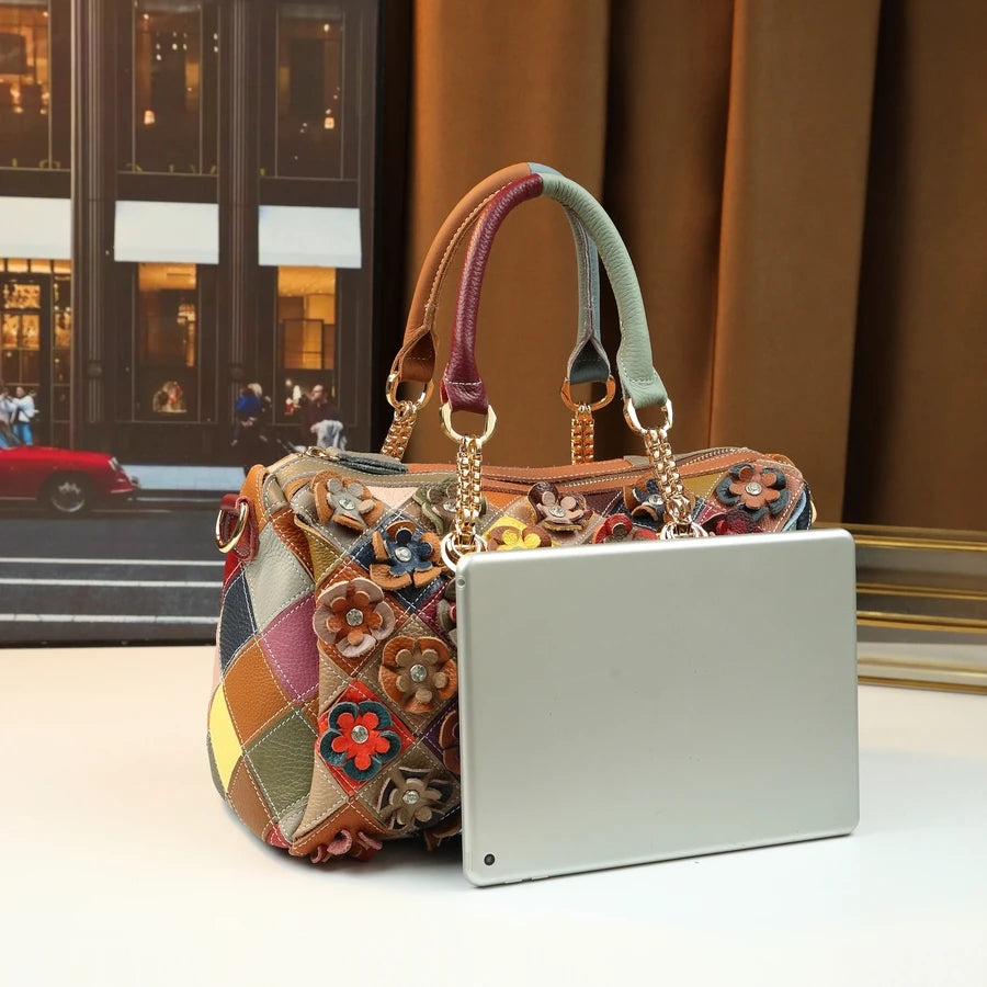 Genuine Leather Pillow Bag with Flower Patchwork - product photo 4